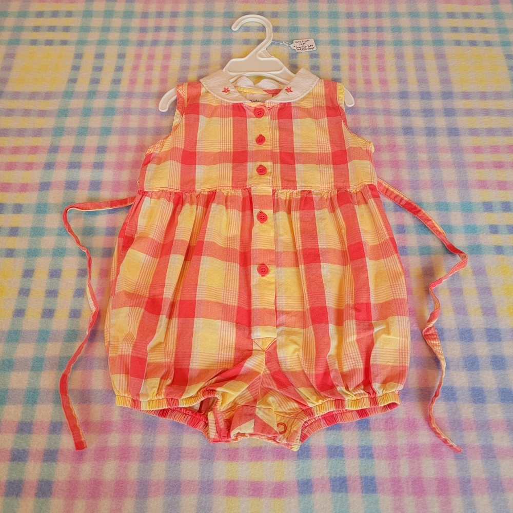 BABY B'GOSH ♡ Vintage Coral|Yellow|White Button Tie Back Sleeveless Romper 24M